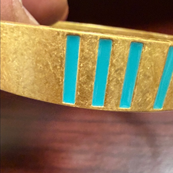 Madewell Gold-Tone (Brass) Hinged Bangle Bracelet with Turquoise Enamel Inlay - Picture 3 of 7